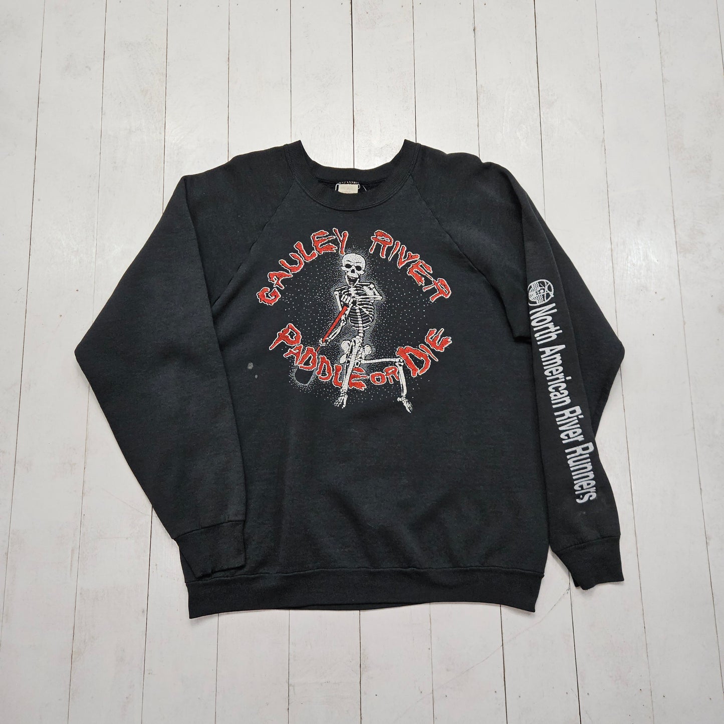 1990s Fruit of the Loom Black Cauley River Paddle or Die Skeleton RIver Runners Rafting Raglan Sweatshirt Made in USA Size L