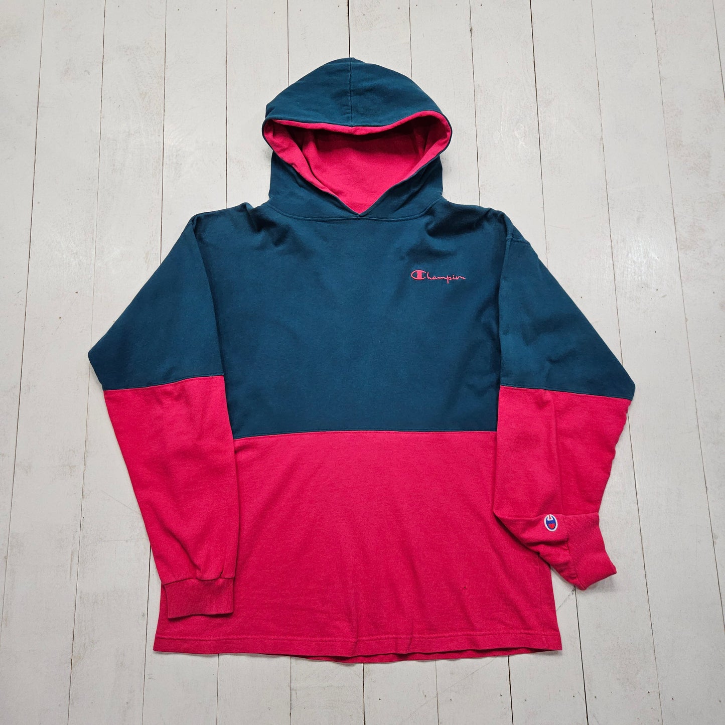 1990s Champion Colour Block Two Tone Teal Pink Embroidered Spellout Logo Hoodie Long Sleeve T-Shirt Made in USA Size L