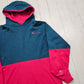 1990s Champion Colour Block Two Tone Teal Pink Embroidered Spellout Logo Hoodie Long Sleeve T-Shirt Made in USA Size L