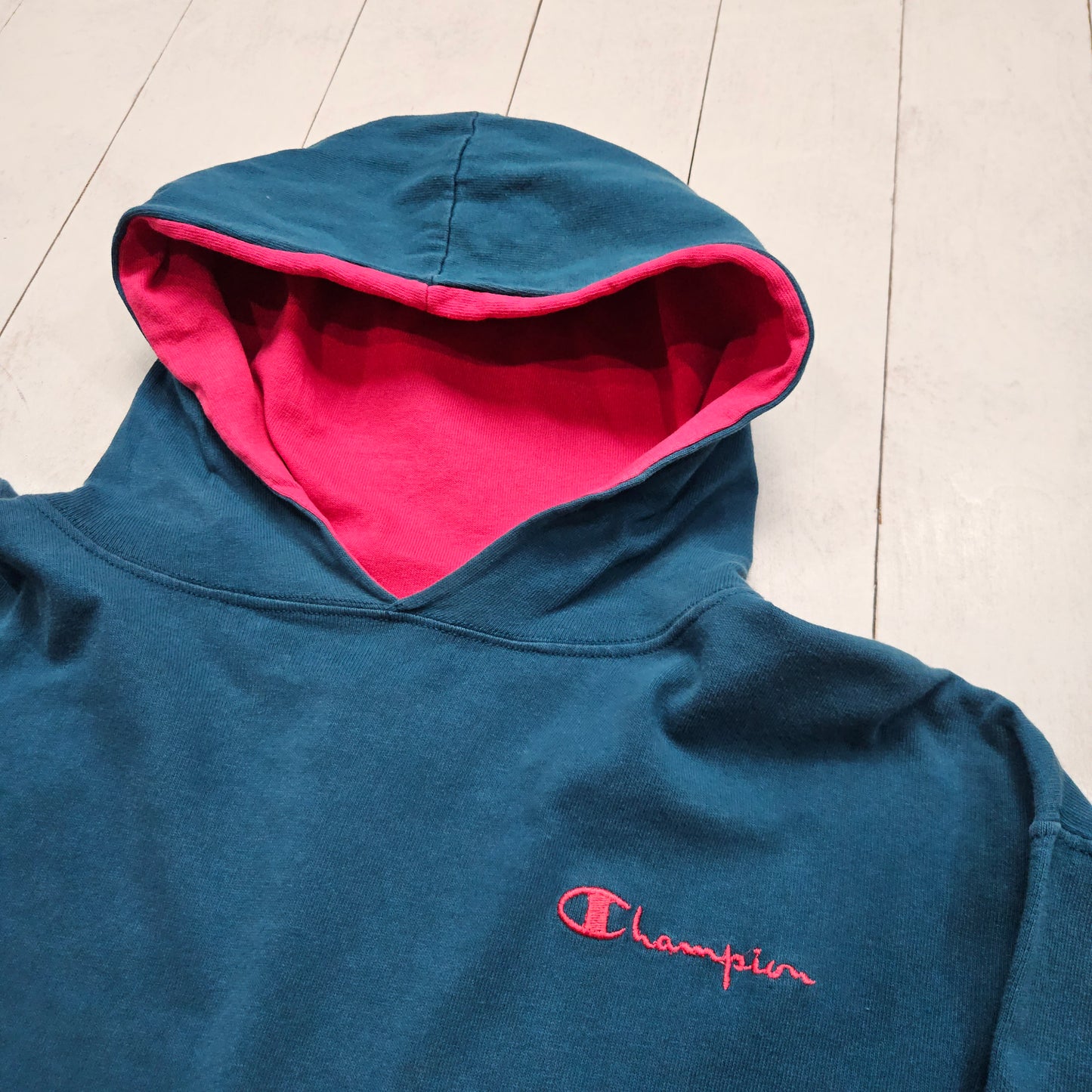 1990s Champion Colour Block Two Tone Teal Pink Embroidered Spellout Logo Hoodie Long Sleeve T-Shirt Made in USA Size L