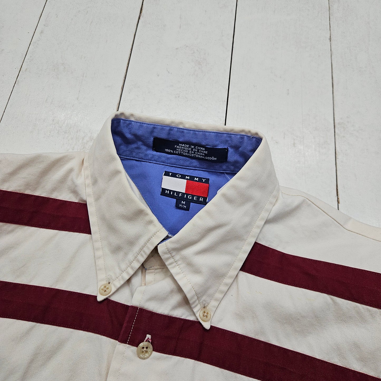 1990s Tommy HIlfiger White Blue Red Striped Button Down Shirt Size L