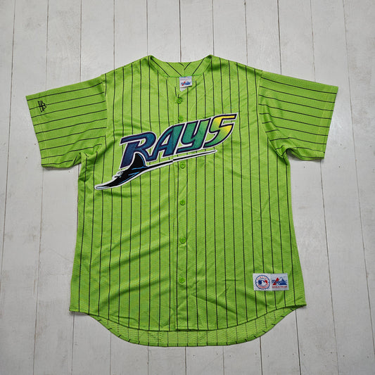 1990s Majestic Lime Green Tampa Bay Devil Rays Pinstripe Stitched Authentic Jersey Made in USA Size XL