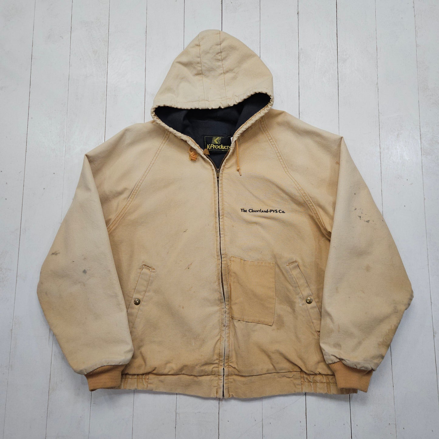 1970s/1980s K-Products Thermal Lined Tan Hooded Work Jacket Made in USA Size L/XL