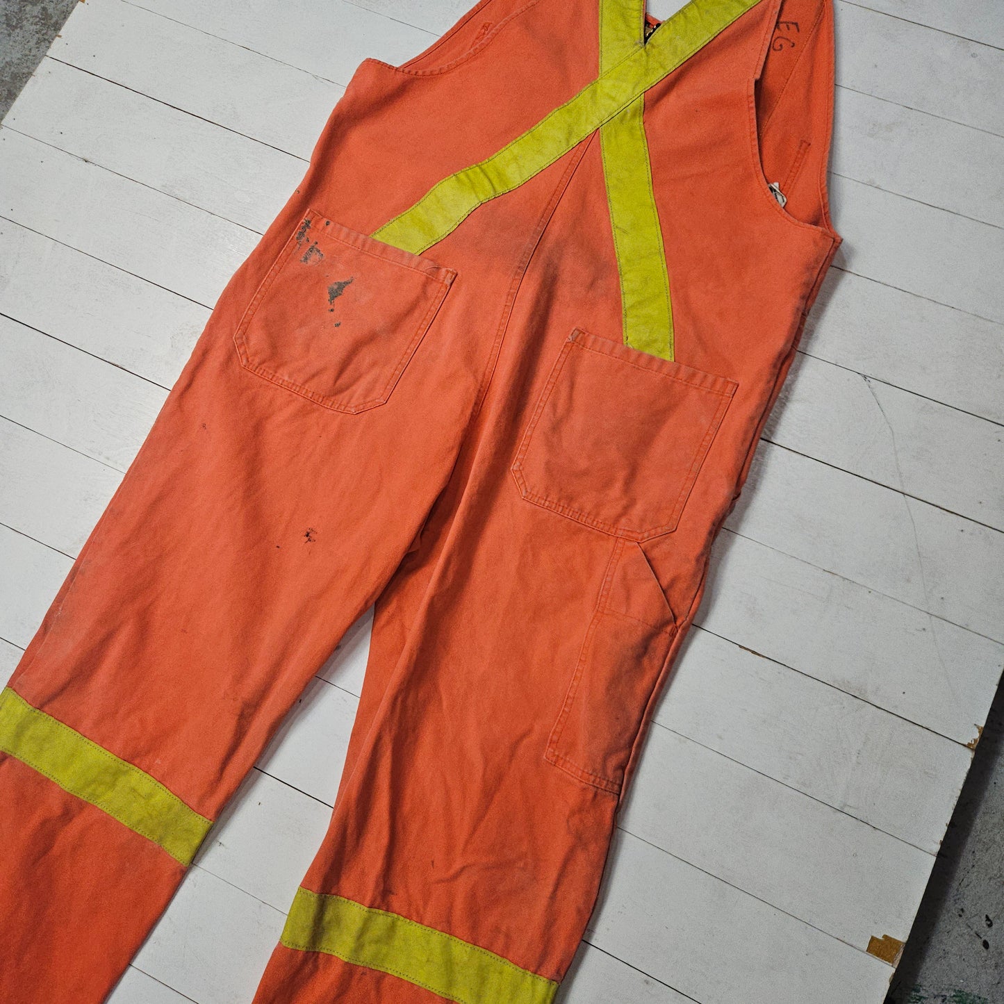 1980s/1990s AGO Industries Orange High Visibility Construction Overalls Made in Canada Size 44x30