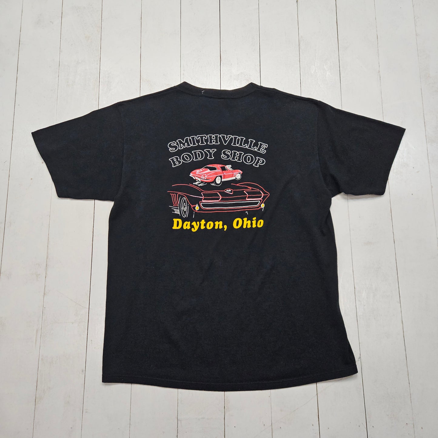 1990s Jerzees Smithville Body Shop Dayton Ohio Corvette Stingray Print Pocket T-Shirt Made in USA Size L