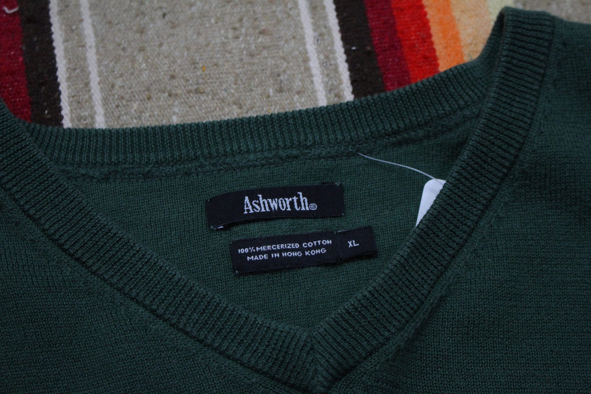 1980s/1990s Ashworth Green V-Neck Cotton Knit Sweater Size XL