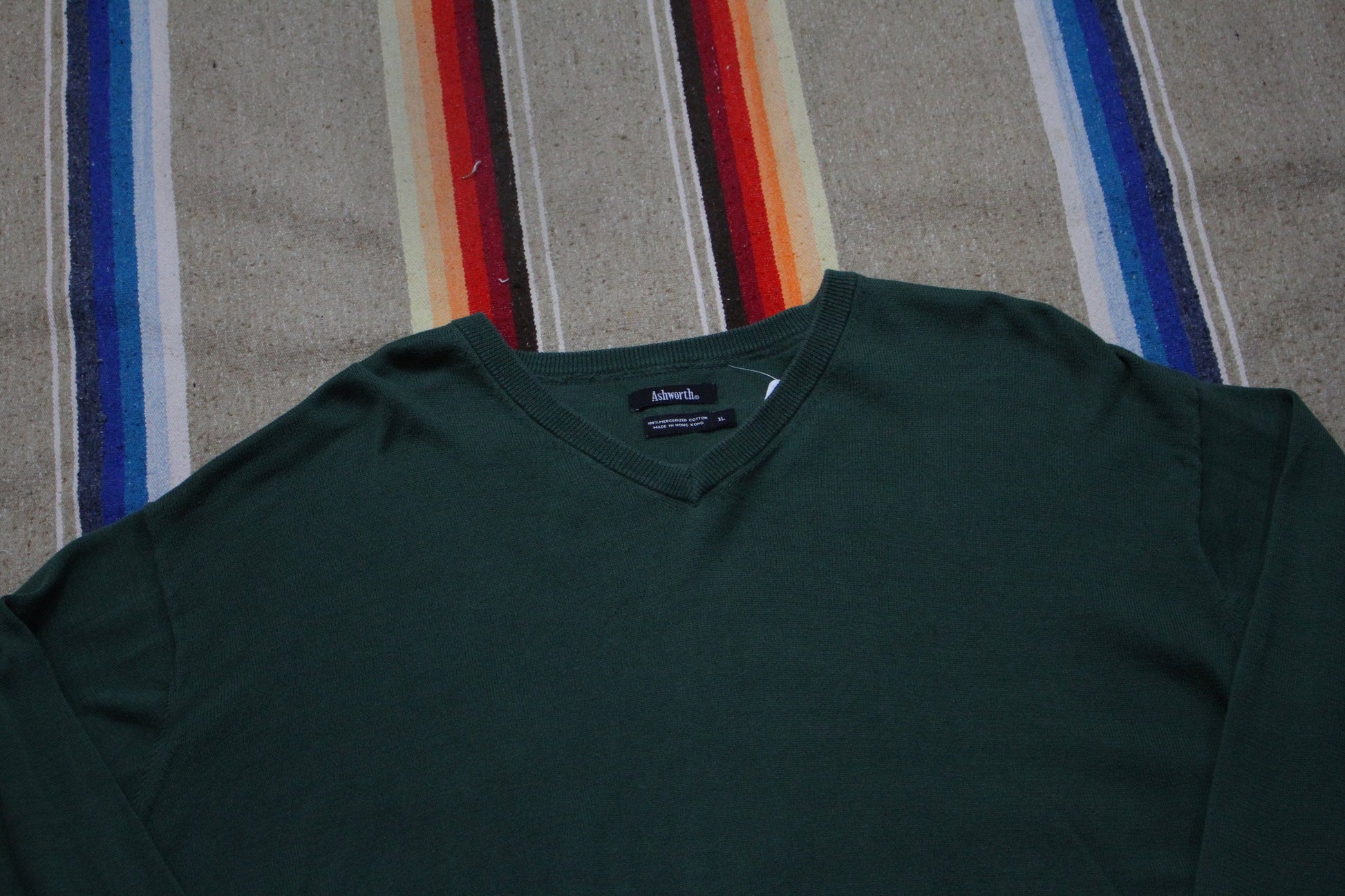 1980s/1990s Ashworth Green V-Neck Cotton Knit Sweater Size XL