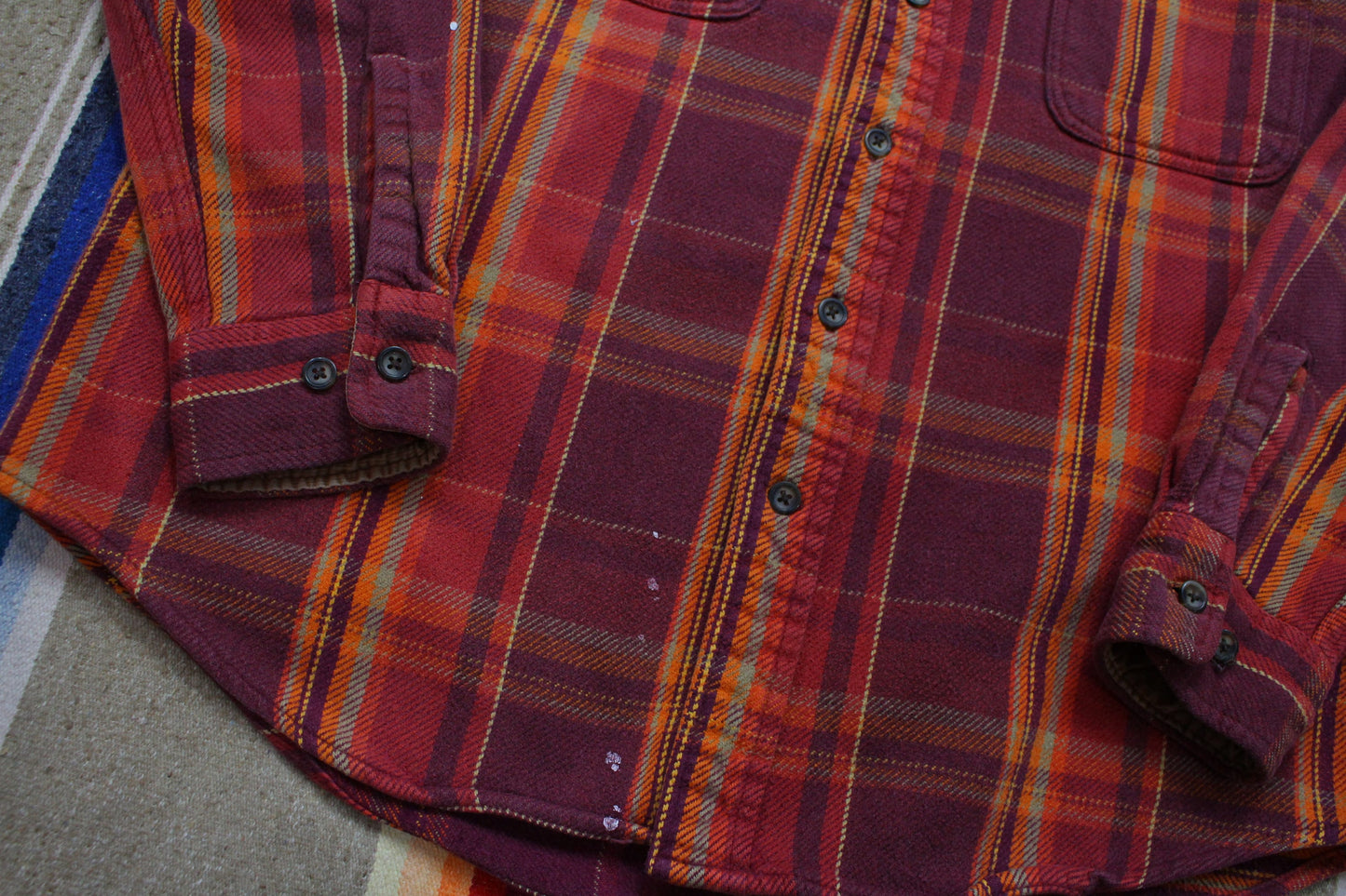 1990s/2000s St Johns Bay Brawny Orange Red Plaid Flannel Button Up Shirt Size M/L