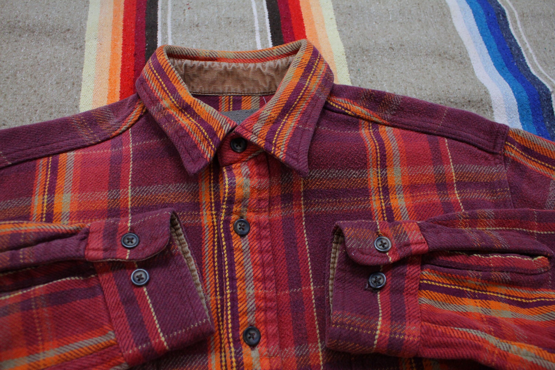 1990s/2000s St Johns Bay Brawny Orange Red Plaid Flannel Button Up Shirt Size M/L
