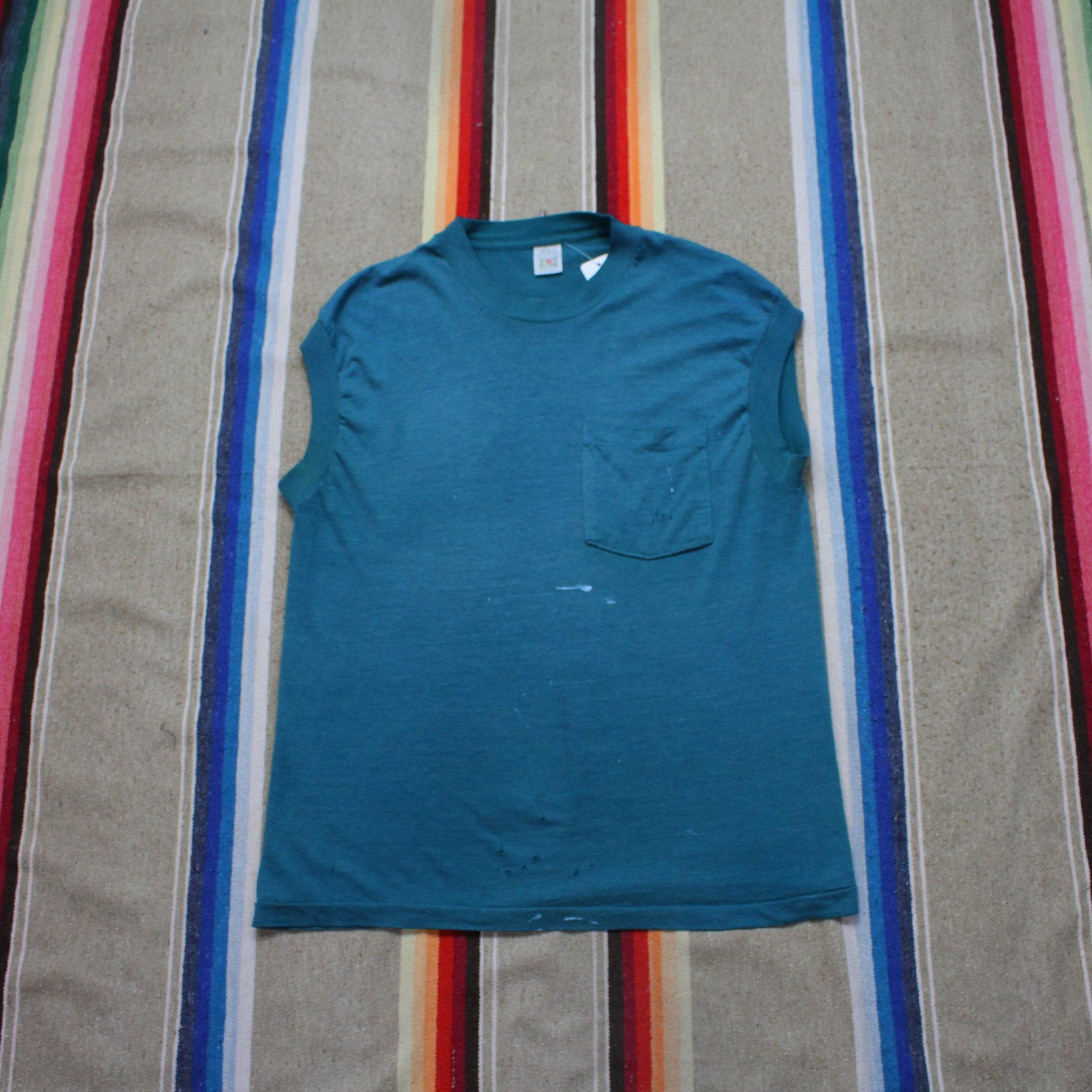 1990s Fruit of the Loom Blank Teal Golden Blend Pocket T Tank Top T-Shirt Size M
