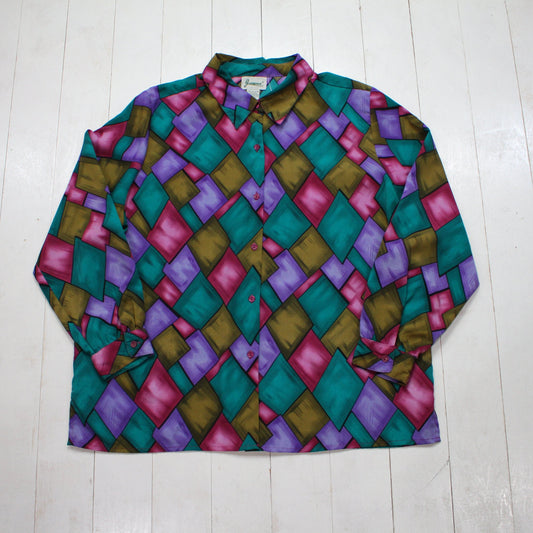 1990s Joanna Geometric Diamond Long Sleeve Blouse Shirt Women's Size XXL