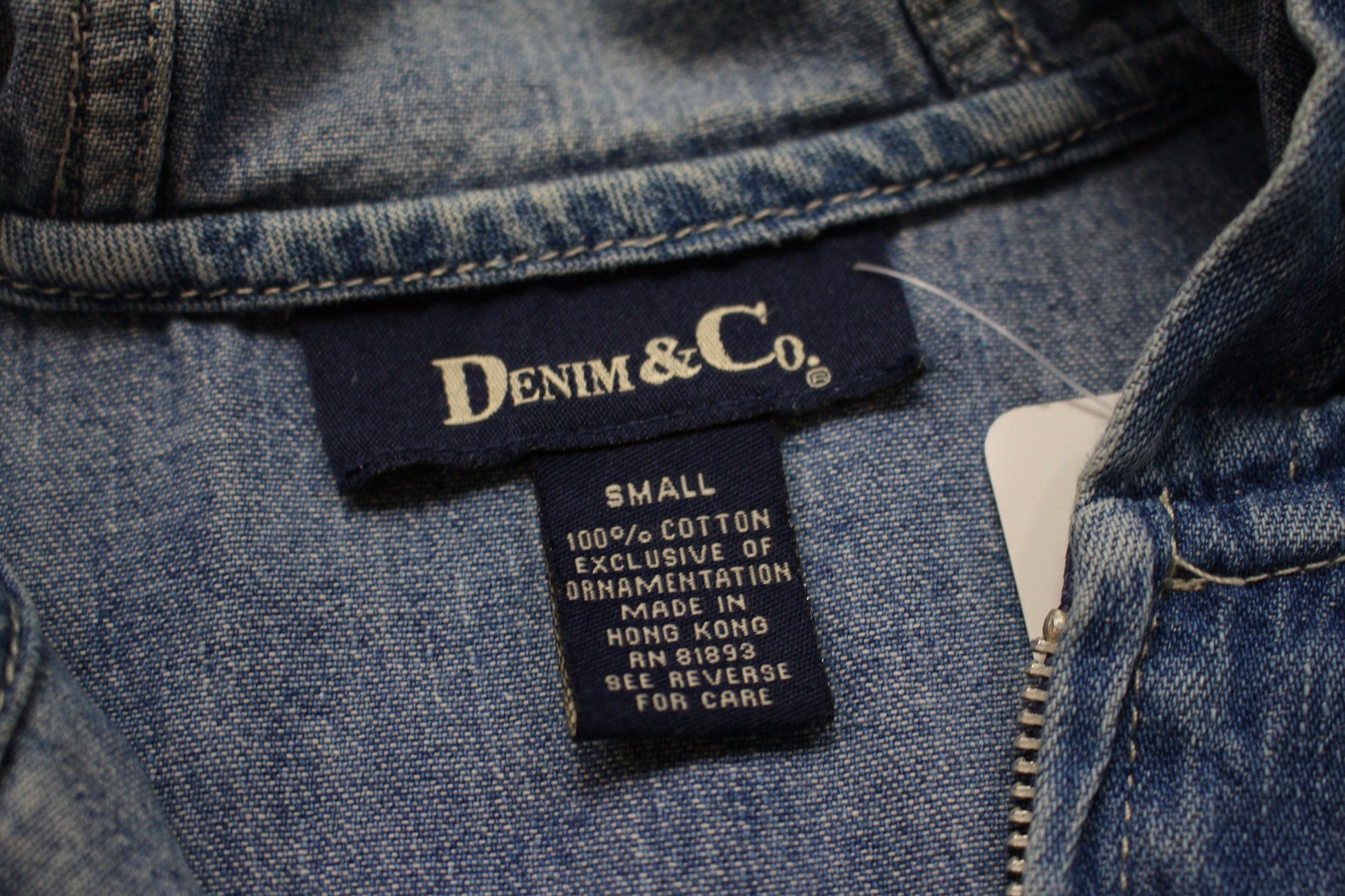 1990s Denim & Co. Zip Up Hooded Denim Jacket Men's Size S Women's Size L