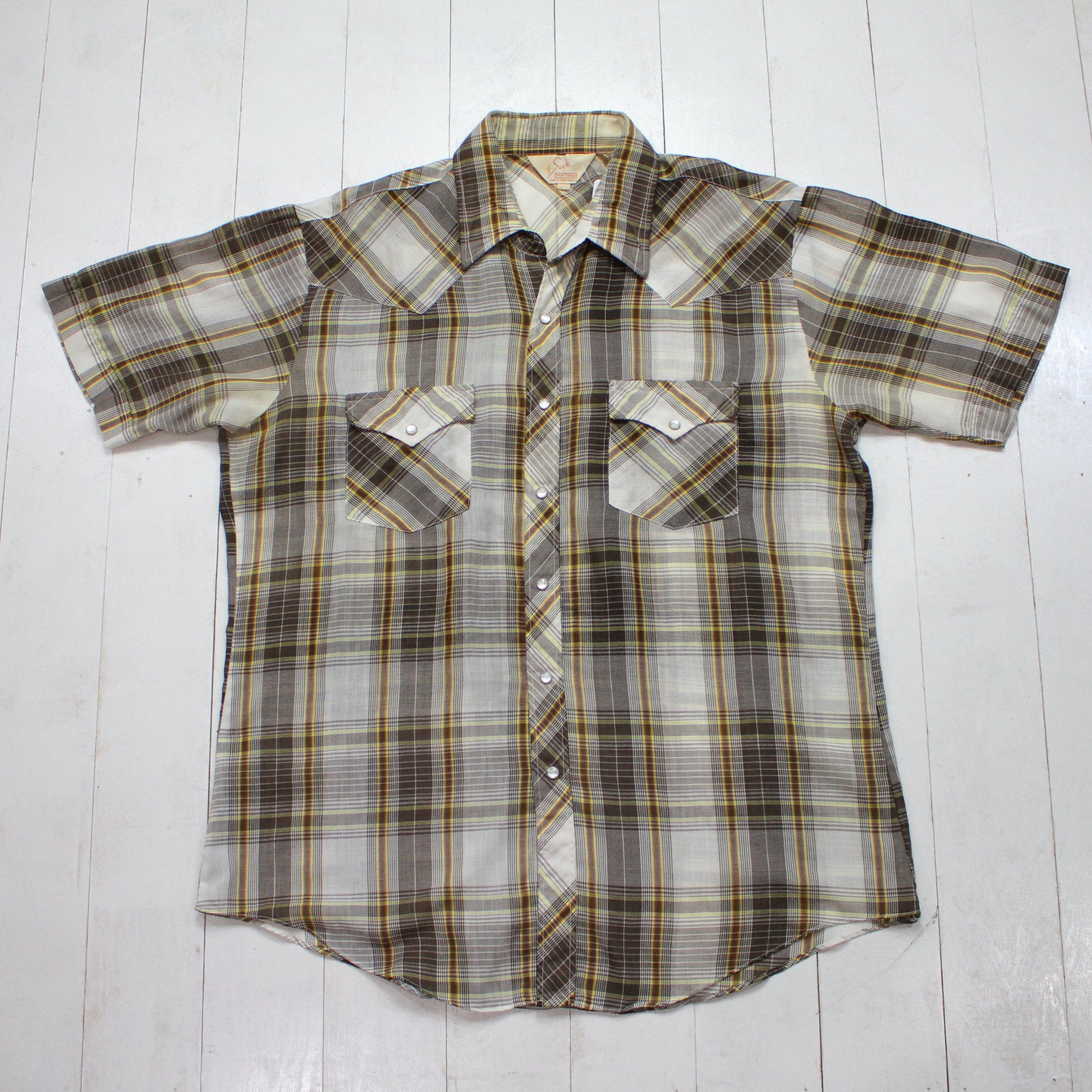 1980s Sage Sportswear Brown Plaid Shortsleeve Western Shirt Size L
