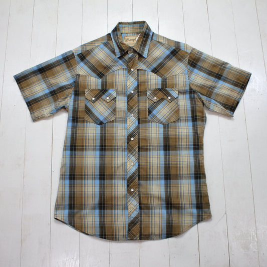 2010s Wrangler Blue/Brown Plaid Sawtooth Pocket Shortsleeve Western Shirt Size M