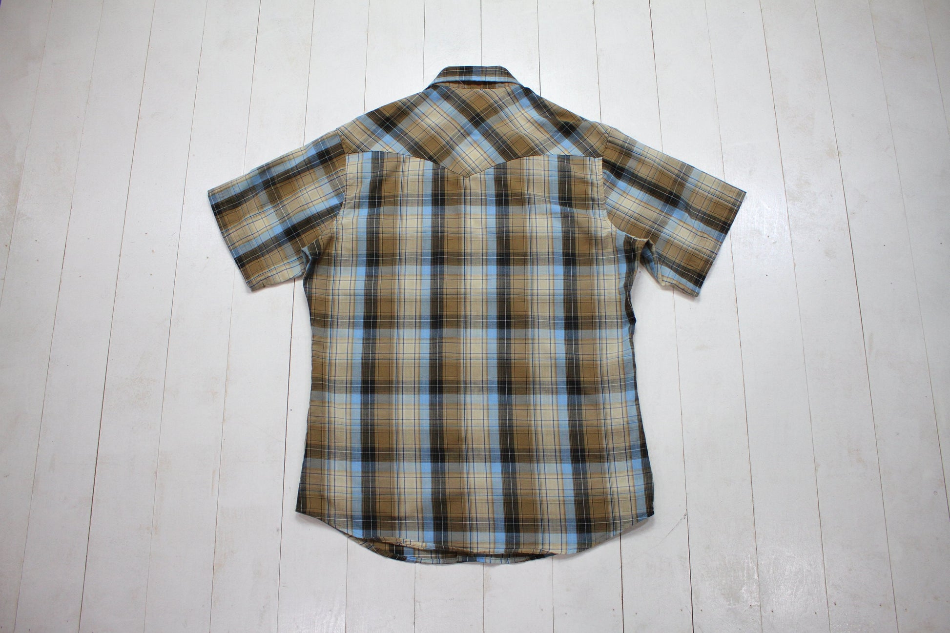 2010s Wrangler Blue/Brown Plaid Sawtooth Pocket Shortsleeve Western Shirt Size M