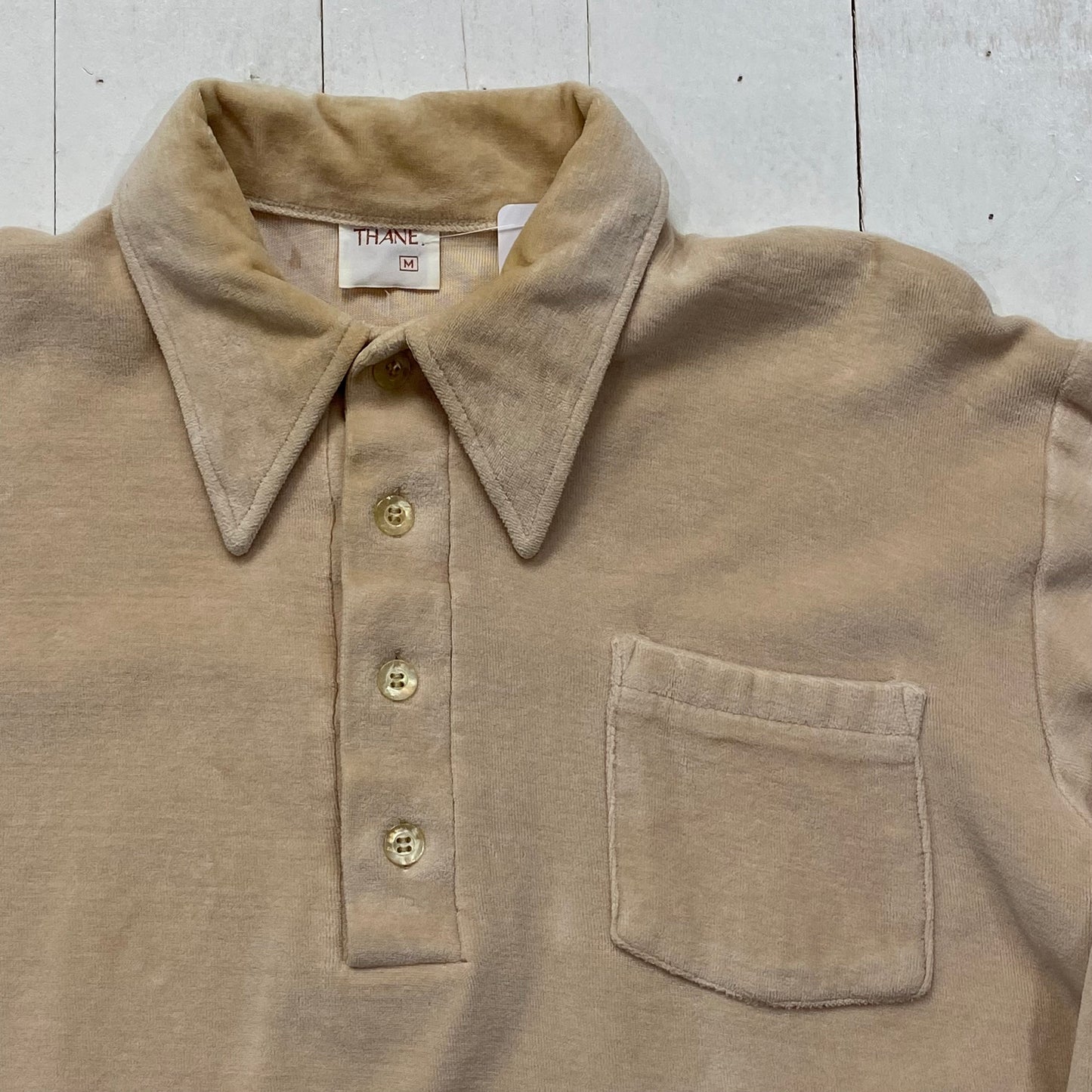 1960s/1970s Thane Velvet Velour Beige Collared Polo Pullover Shirt Size M