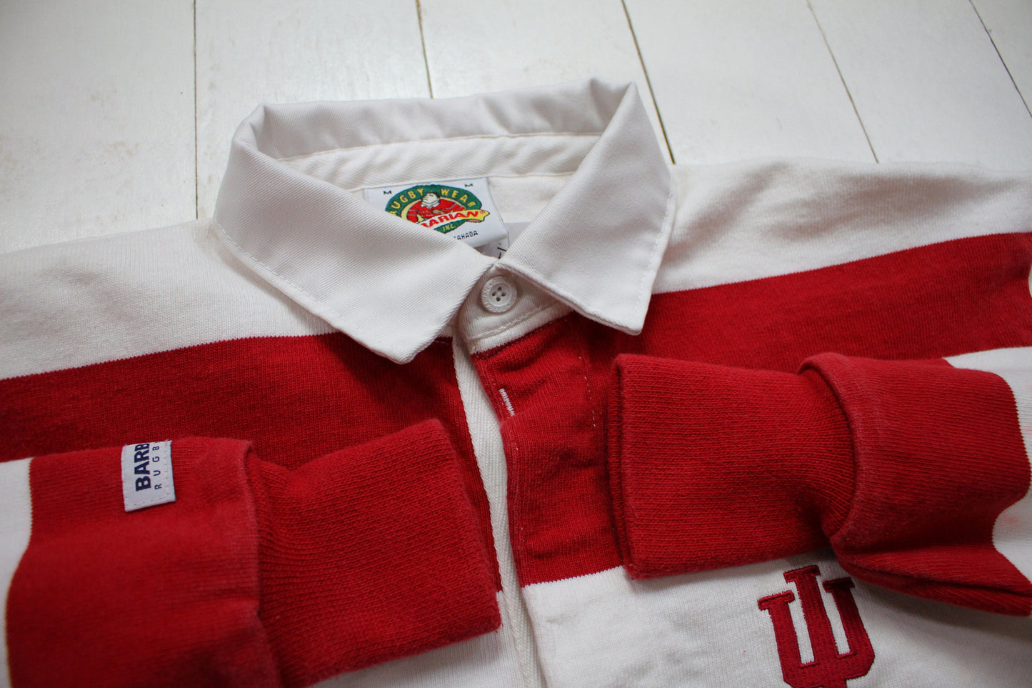 1990s/2000s Indiana University Striped Longsleeve Barbarian Rugby Shirt Made in Canada Size M