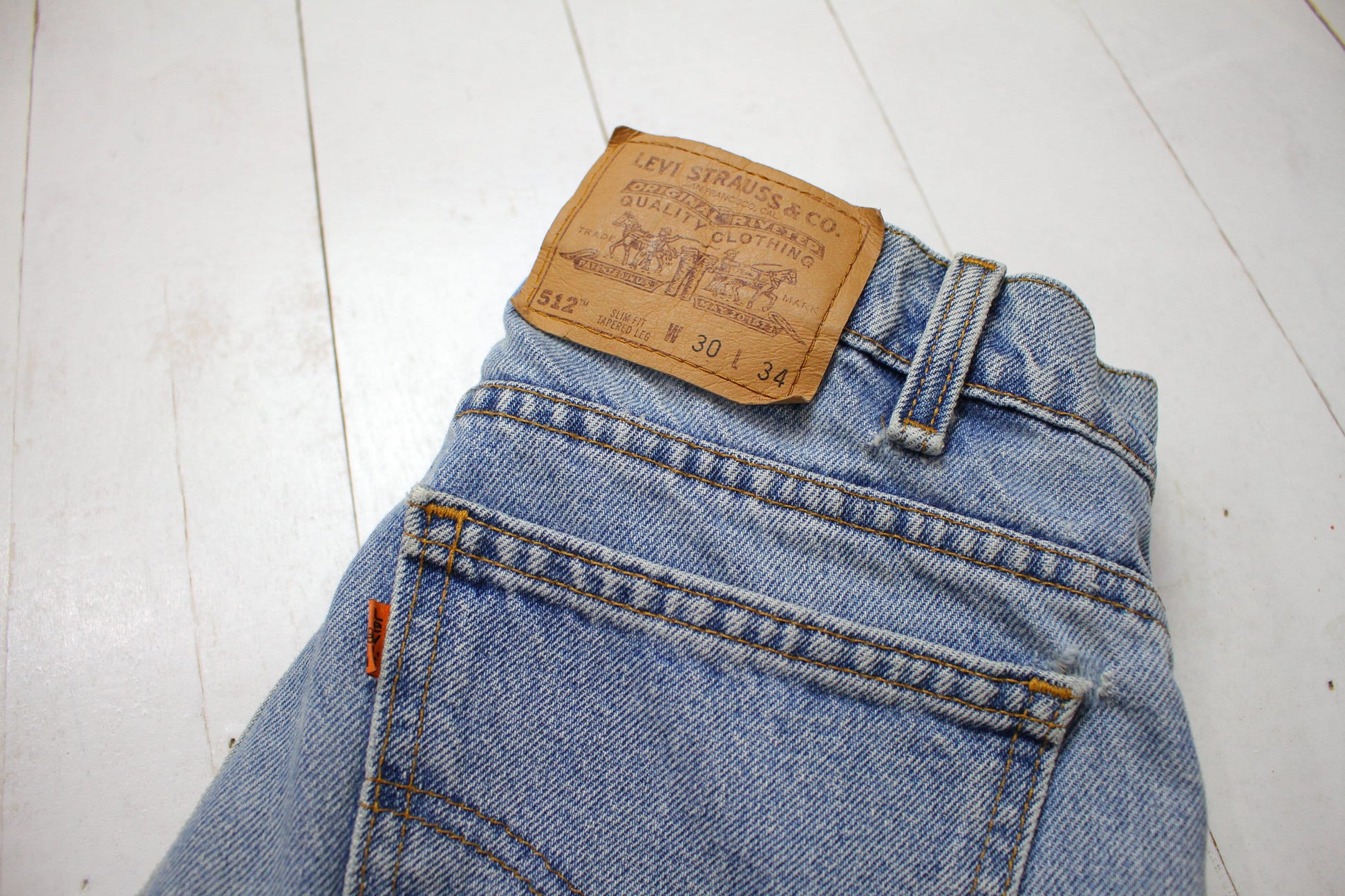 1990s Levi's 512 Tapered Leg Blue Denim Jeans Made in USA Size 29x32