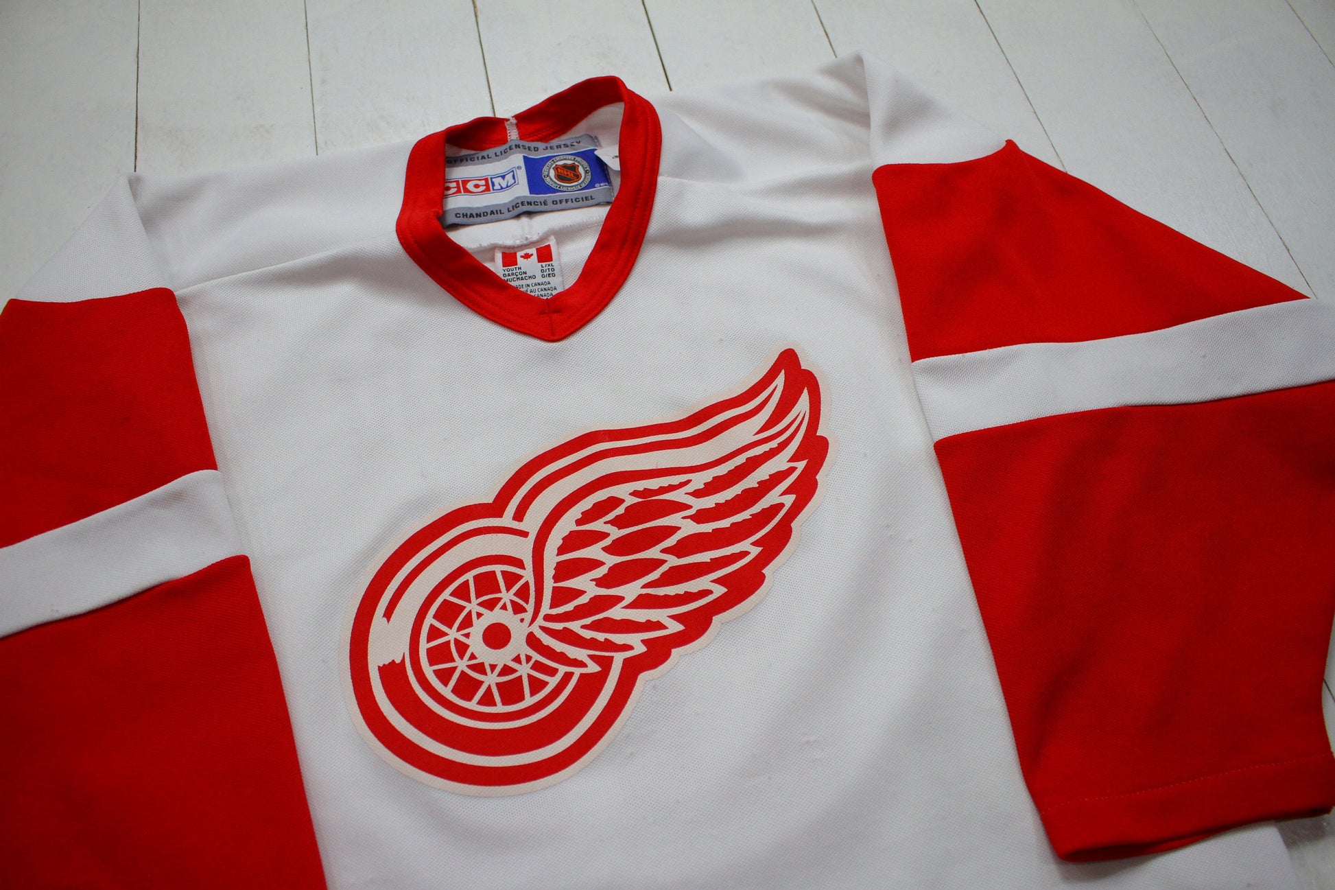 1990s CCM Detroit Red Wings Federov 91 NHL Hockey Replica Jersey Made in Canada Size S