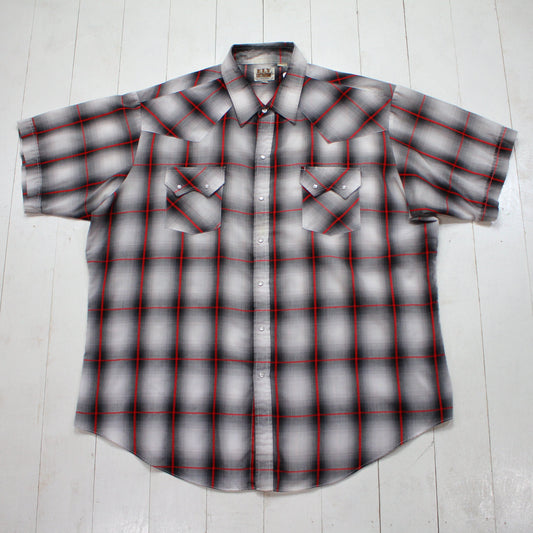 1990s ELY Cattleman Shadow Plaid Sawtooth Pocket Shortsleeve Western Shirt Size XXL