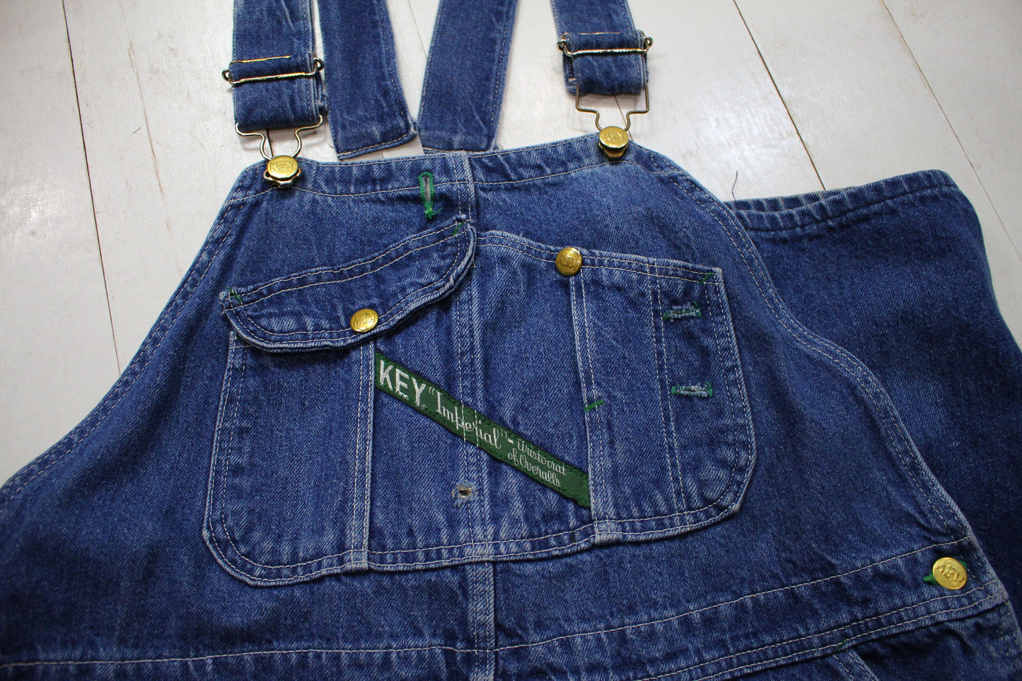 1990s Key Imperial Low Back Advertising Strap Denim Overalls Size 38x28