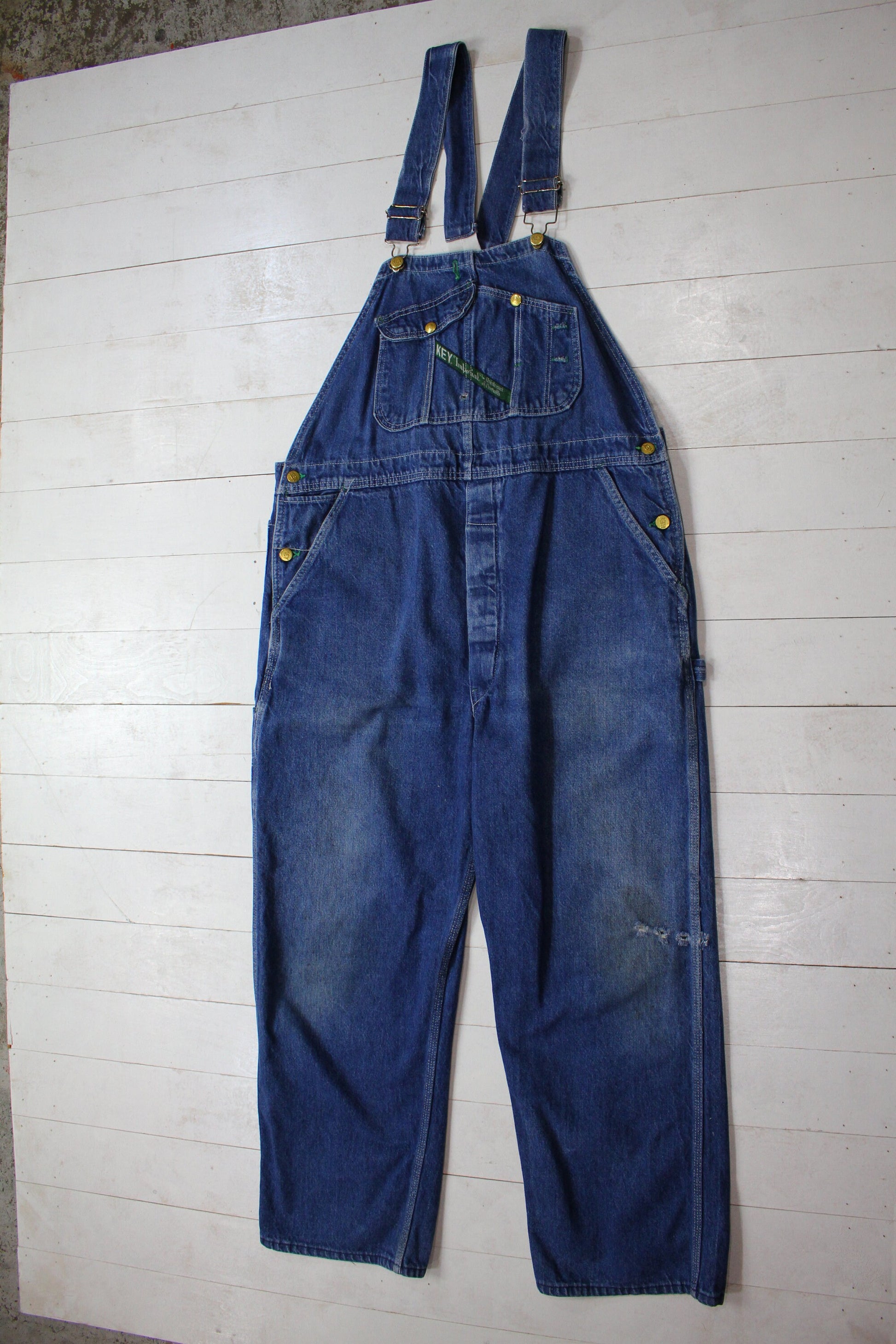 1990s Key Imperial Low Back Advertising Strap Denim Overalls Size 38x28