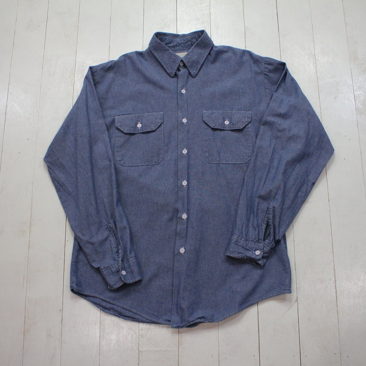 1980s/1990s Key Imperial Long Sleeve Chambray Mechanic Work Shirt Made in USA Size L/XL