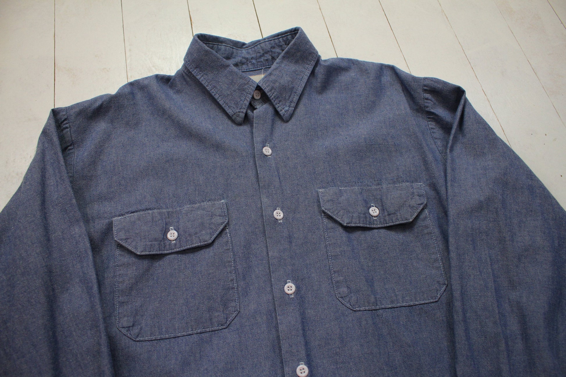 1980s/1990s Key Imperial Long Sleeve Chambray Mechanic Work Shirt Made in USA Size L/XL