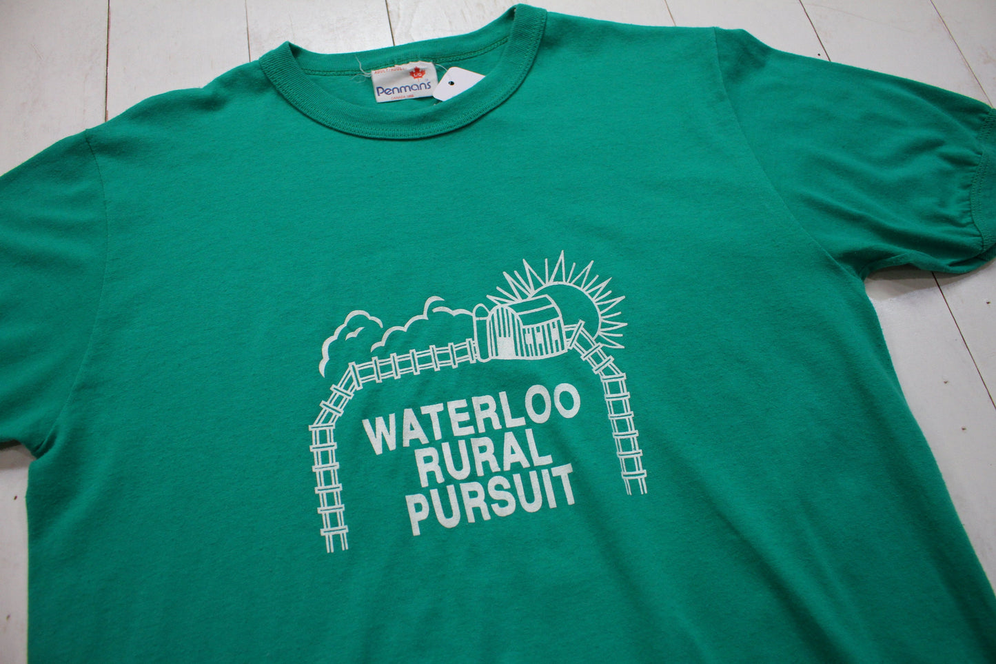 1980s/1990s Penman's Waterloo Rural Pursuit Green Ringer T-Shirt Made in Canada Size M