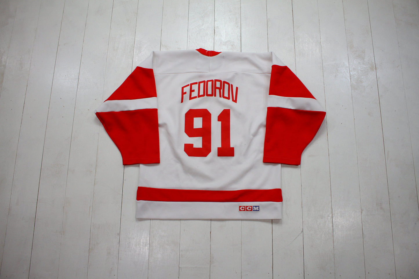 1990s CCM Detroit Red Wings Federov 91 NHL Hockey Replica Jersey Made in Canada Size S