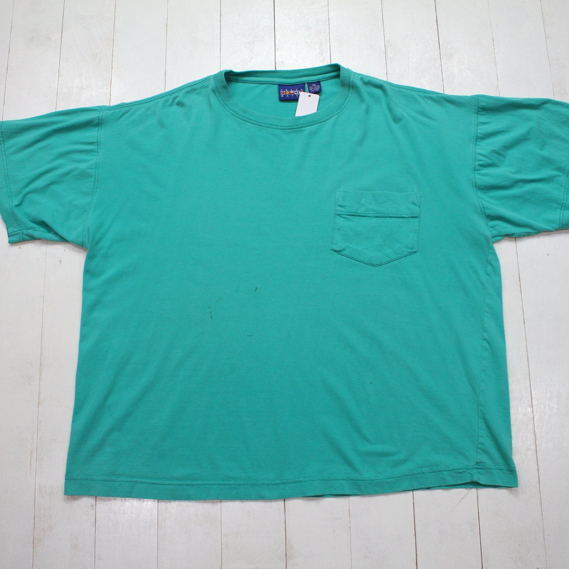 1990s Fresh Water Blank Teal Pocket T-Shirt Size XXL