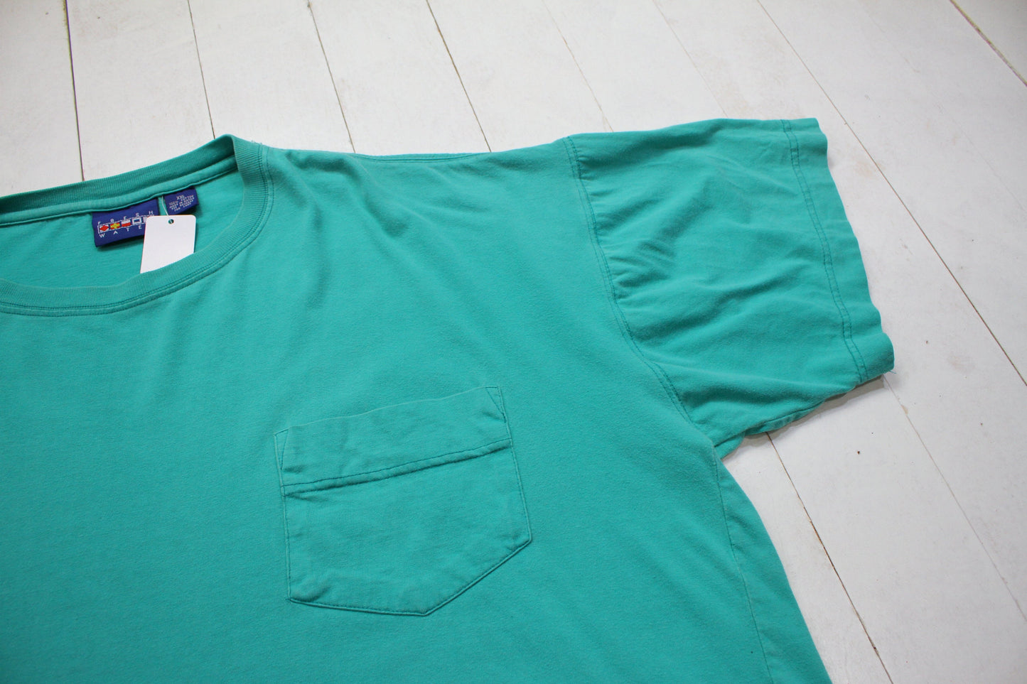 1990s Fresh Water Blank Teal Pocket T-Shirt Size XXL