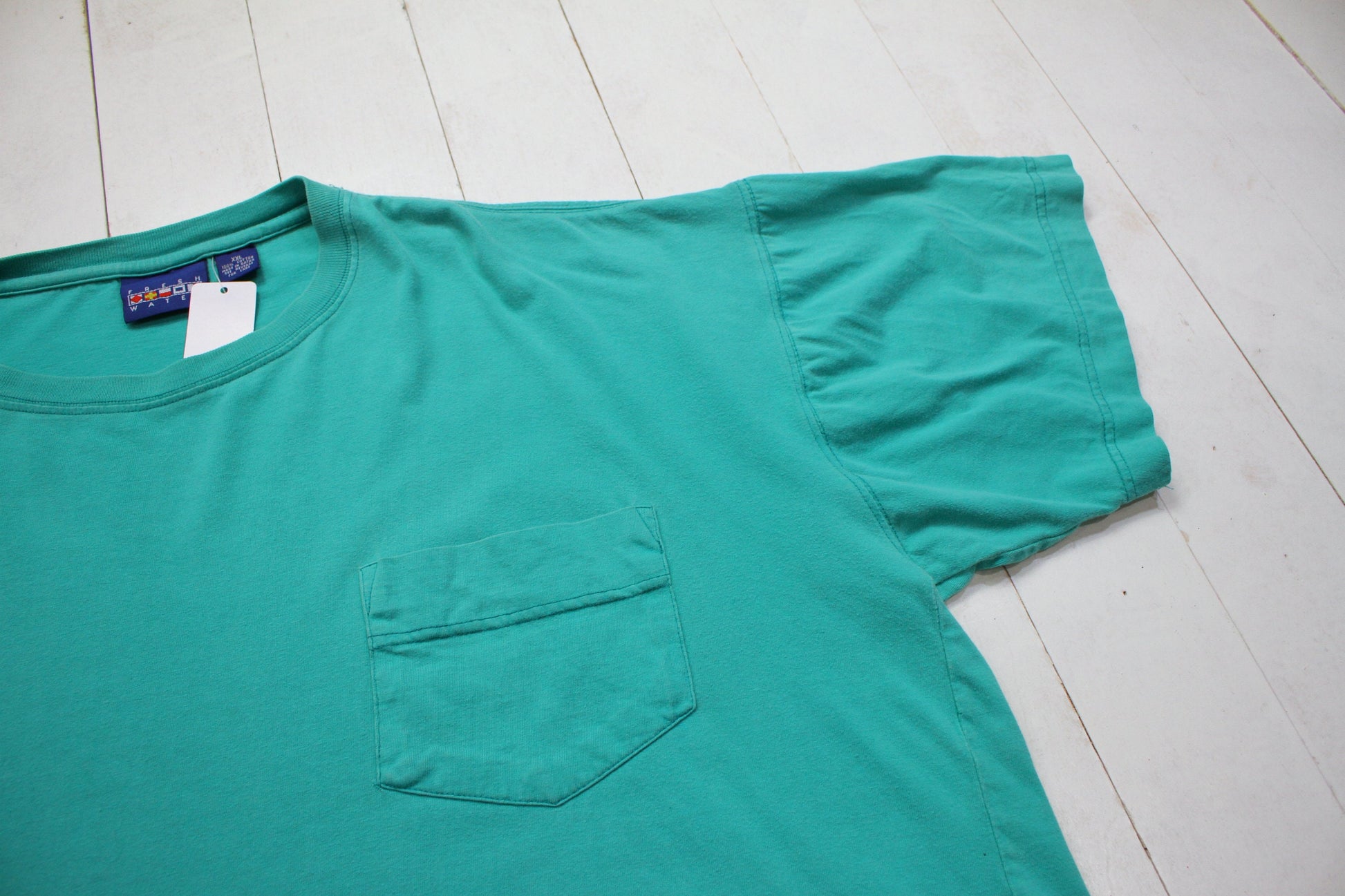 1990s Fresh Water Blank Teal Pocket T-Shirt Size XXL