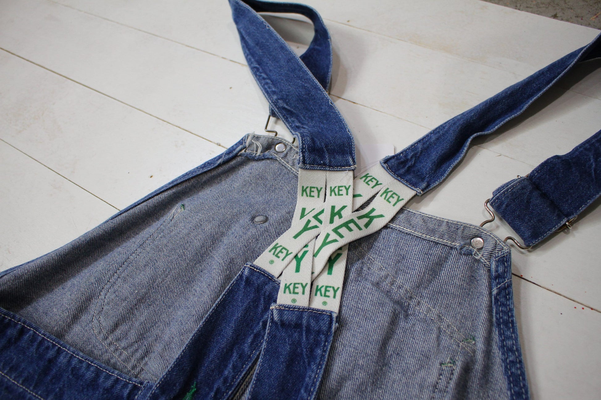 1990s Key Imperial Low Back Advertising Strap Denim Overalls Size 38x28