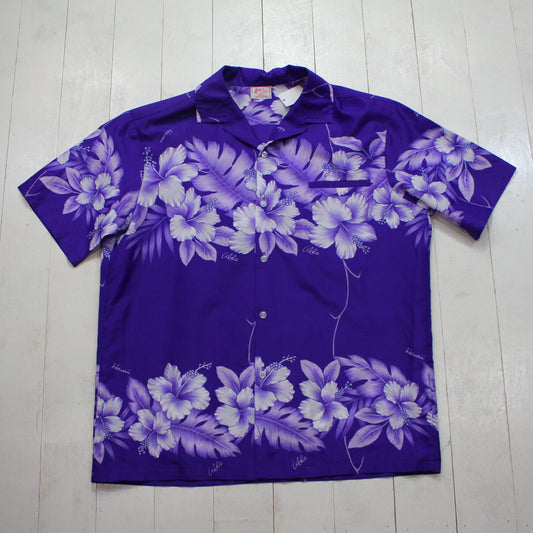 1980s/1990s Kalena Fashions of Hawaii Purple Tropical Hibiscus Print Aloha Polyester Shortsleeve Hawaiian Shirt Made in USA Size XL