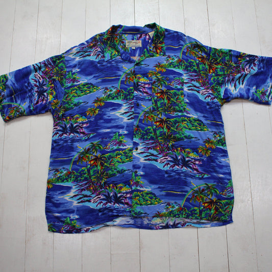 1990s/2000s Aloha Joe Bright Tropical Print Shortsleeve Loop Collar Hawaiian Shirt XL