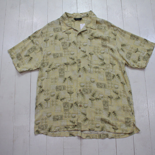 2000s Haggar Tiki Mask Tropical Drink Print Silk Blend Shortsleeve Loop Collar Hawaiian Shirt Size L