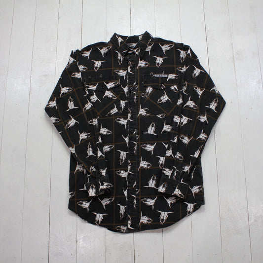 1990s Buckaroos Cowskull Print Button Up Western Shirt Size M