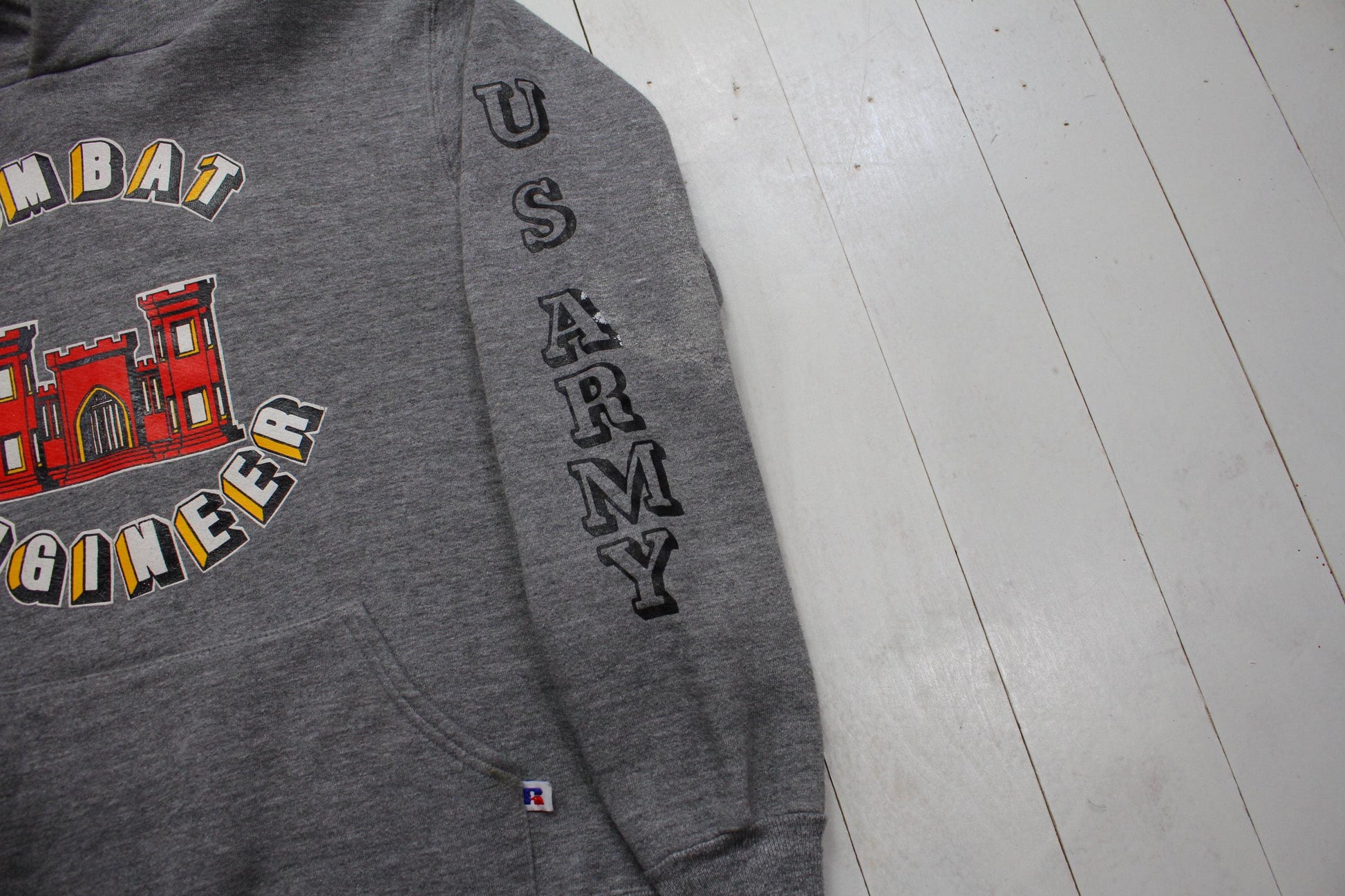 1980s Russell Athletic US Army Engineers Combat Engineer Hoodie Sweatshirt Made in USA Size S/M