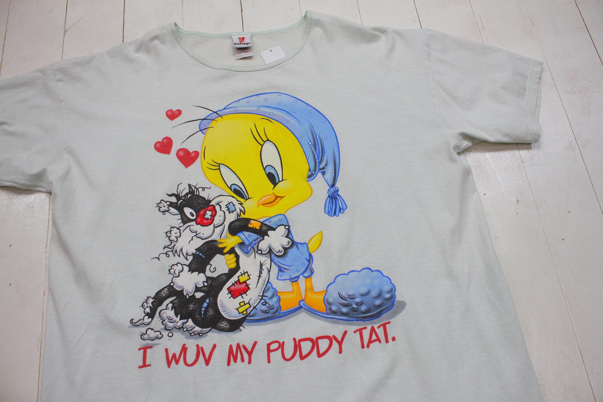 2000s 2001 Y2K Six Flags Looney Tunes Tweety Bird Sylvester I Wuv My Puddy Tat Sleep T-Shirt Size XXL