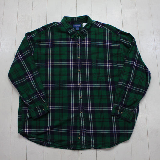 1990s Towncraft Green Blue Plaid Lightweight Flannel Button Down Shirt Size XXL