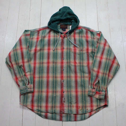 1990s Authentic Jeans Wear Red Green Plaid Hooded Flannel Shirt Size XL