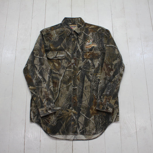 2000s Y2K Wrangler Pro Gear Realtree Hardwoods Camo Chamois Flannel Shirt Pheasant Embroidery Hunting Size L