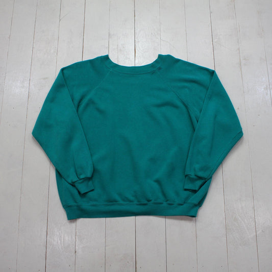 1990s Hanes Her Way Blank Teal Raglan Sweatshirt Made in USA Size M