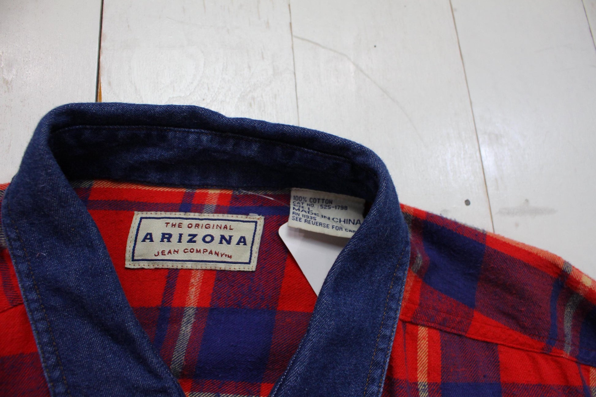 1990s/2000s Y2K Arizona Jeans Co Plaid Flannel Shirt with Denim Collar Size L/XL