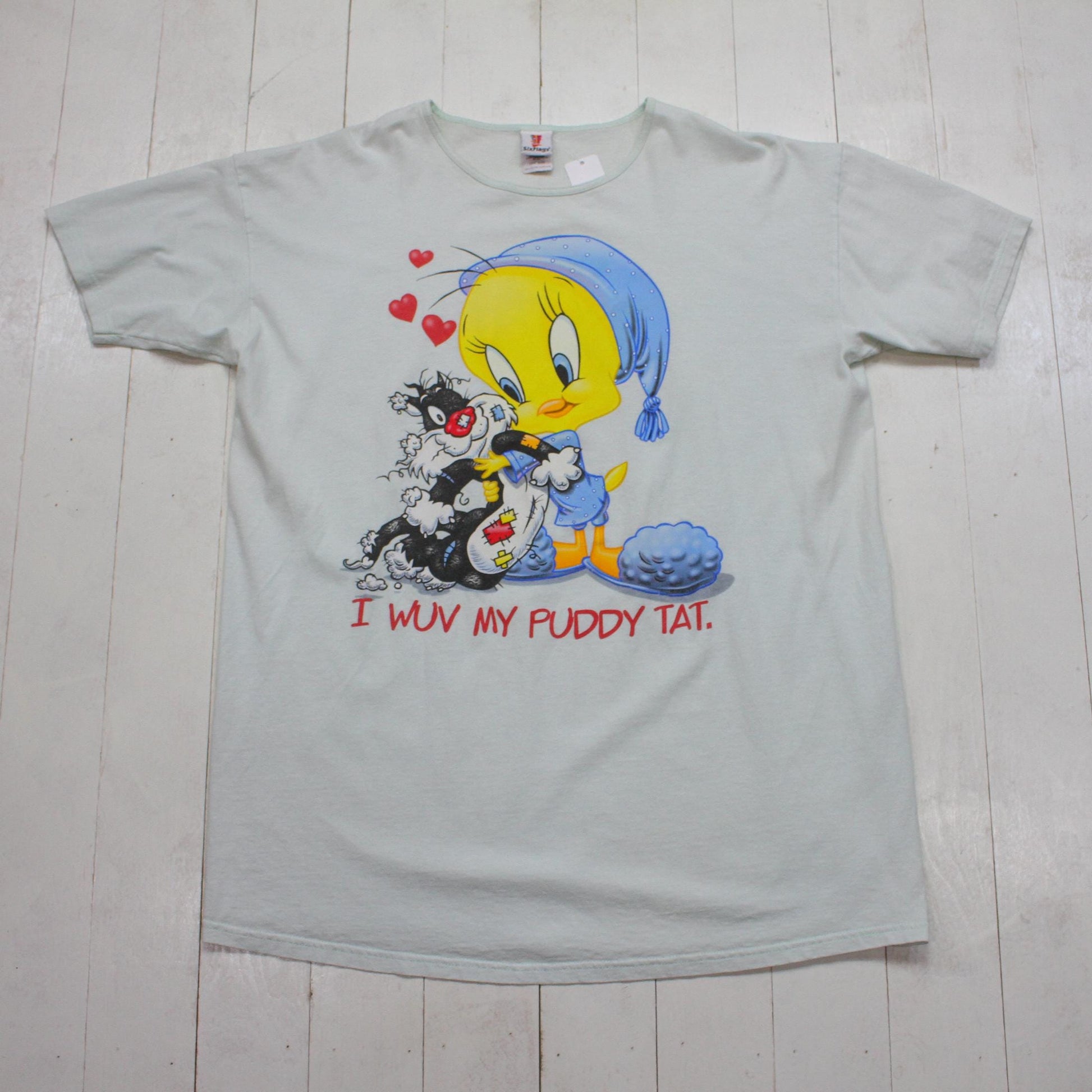 2000s 2001 Y2K Six Flags Looney Tunes Tweety Bird Sylvester I Wuv My Puddy Tat Sleep T-Shirt Size XXL