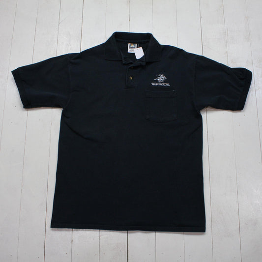 1990s Cotton Deluxe Black Winchester Embroidered Logo Polo Shirt Size L