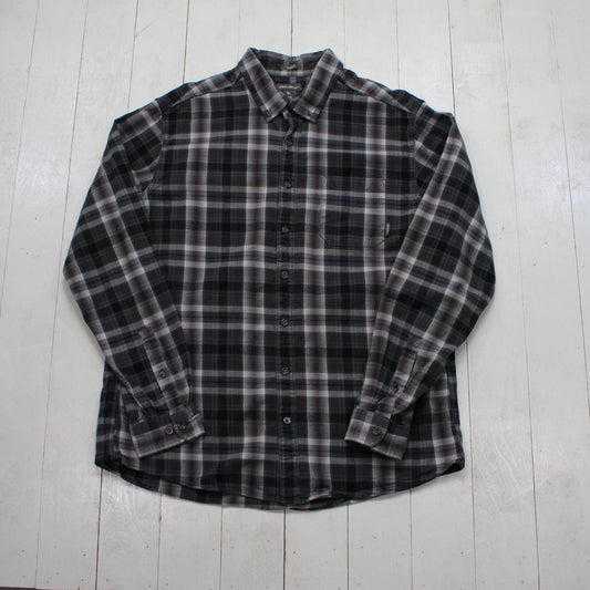 2010s Eddie Bauer Grey Plaid Button Down Flannel Shirt Size L/XL