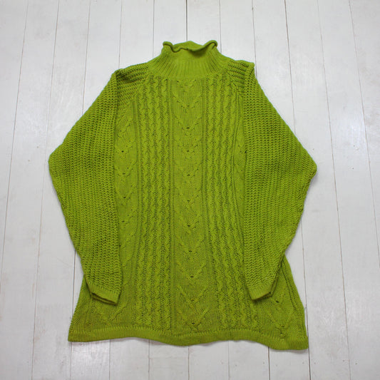 1980s Venezia Green Cable Knit Mock Neck Cotton Ramie Blend Knit Sweater Size S