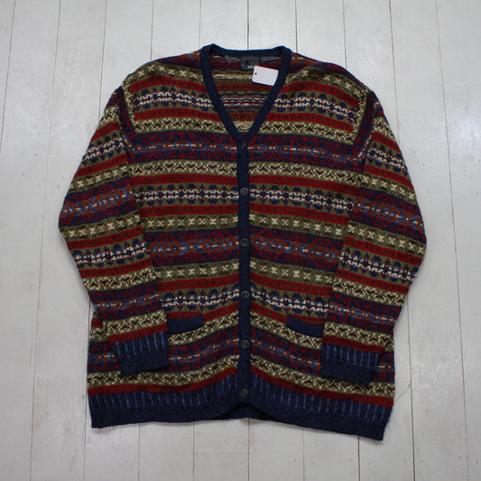 1980s/1990s Liz Wear Red Blue Striped Knit Cardigan Sweater Size L